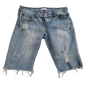 Y2K YNQ Distressed Denim Bermuda Shorts Womens Sz 11 Cutoff Raw Hem Ripped